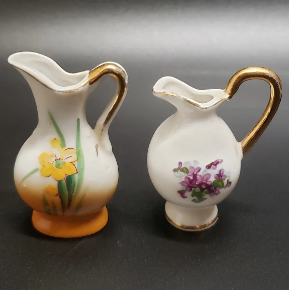 2 Vintage Mini Hand Painted Flower Creamer Vases, Made in Japan & Bone China